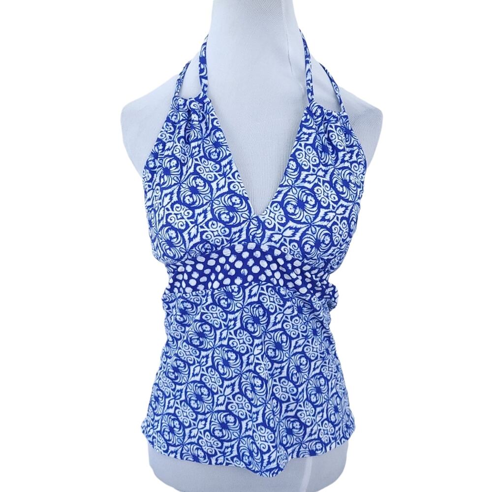 Chaps Tankini Swim Top Size 10 Blue White Bathing Suit Halter Tie Geometric